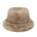 Close-up of the thick khaki faux fur texture on this warm winter bucket hat for women - M (56-58cm) / Brown