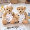 Pair of plush teddy bears in white strawberry and green floral dresses and headbands - Strawberry Skirt Pair