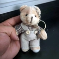 Khaki linen teddy bear plush keychain wearing brown plaid shirt and beige overalls - Brown White Bowknot Male Bear / 11cm