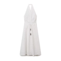 White halter neck dress with hollow embroidery, featuring V-neck and belted waist detail - XS / White
