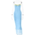 Slim fit light blue maxi dress with yellow lace trim and sheer mesh hemline - S / Blue