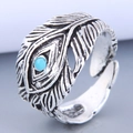 Anello vintage piuma di pavone in argento antico con pietra turchese blu intarsiata - Piuma di Pavone con Pietra Blu - Argento Antico