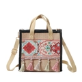 Etnische geborduurde shopper in lichtbruin canvas met kleurrijke kwastjes en schouderriem - Roze