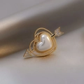 Golden heart-shaped pearl brooch with sparkling rhinestone arrow and metallic border - Heart Pearl Cupid's Arrow (40205)