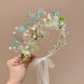 Floral hair wreath with blue butterflies, gold leaves and white pearls for girls - Blue Butterfly Pearl Flower Streamer