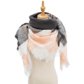 Women's plaid triangle scarf shawl in grey, white, and pink-orange with soft fringe - Dark Grey and Pink Plaid