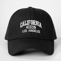 Detailed close-up of white 3D California embroidery on high-density black twill cap - Adjustable / Black