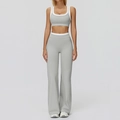 Two-piece light grey contrast trim ribbed yoga set with flared pants and sports bra - S / Top And Bottom (Bra + Flared Leggings Style) / Clay Grey