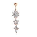 Rose gold navel ring with flower zircon clusters and a teardrop pendant design - Rose Gold (Three Flower Style)