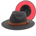 Cappello Panama classico in paglia nera da uomo con fascia in pelle e tesa rossa - M (56-58cm) / Nero