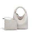 Elegant creamy white hand-woven leather tote bag set with matching inner pouch - Creamy White