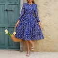 Blaues Blumenkleid mit langen Ärmeln und Taillenband im ländlichen Stil - S / Königsblau mit Blumenmuster