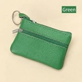 Green pebble grain leather mini coin purse with double zipper and silver keychain - Bamboo Green