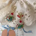 Handmade beaded crystal Christmas tree charm with red accents and gold loop - Small Christmas Tree Accessory-Single