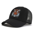 Black mesh trucker hat featuring detailed tiger head embroidery on a curved brim cap - L (58-60cm) / Black