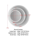 Three-piece set of white circular silicone coaster molds with dimensions and thickness - Round Set