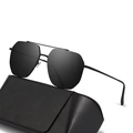 Lunettes de soleil pilote noires avec monture hexagonale et étui en cuir assorti - Monture Noire Verres Noir Gris