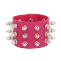 Bracciale punk in pelle rosa con tre file di borchie a punta conica argentate - Rosa Rossa