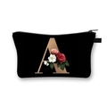 Black polyester makeup bag with rose gold letter A and floral print design - Letter A