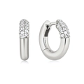 Classic silver-tone huggie hoop earrings with micro-paved cubic zirconia stones - Silver Pave Zirconia Earrings / White Gold