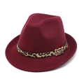 Detail of burgundy wool fedora hat featuring a leopard print band and gold buckle - M (56-58cm) / Burgundy