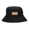 Unisex black bucket hat with a leather smiley face patch for sun protection and fashion - Black