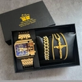 Golden watch set with square blue dial watch, cuban bracelet and cross necklace - 3364 Gold Blue Necklace Collection