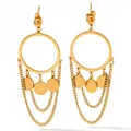 Minimalist gold-plated stainless steel hoop earrings with long chain tassels and disks - Gold