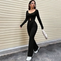 Zweiteiliges schwarzes Rippstrick-Set mit langärmeligem Oberteil und weiter Hose - S / Schwarz