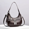 Minimalist deep wine red crescent shoulder bag with oil wax leather and silver zippers - Coffee