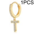 Gold plated hoop earring with letter T pendant and sparkling cubic zirconia stones - Single Letter Earring T