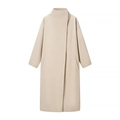 Minimalist beige wool coat in long loose fit featuring high collar and drop shoulders - S / Apricot