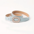 Elegant light blue leather belt with luxury oval pearl and rhinestone buckle for women - Light Blue