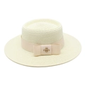 Elegant wide-brimmed cream straw hat featuring a tonal ribbon and golden bee ornament - M (56-58cm) / Cream