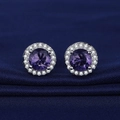Elegant purple round halo stud earrings featuring silver metal and crystal pavé details - Round Halo Purple Zirconia Studs (ED80)