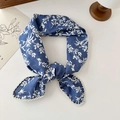 Blue floral cotton linen neck scarf with delicate white lace trim and floral pattern - Blue Branch Leaves