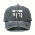 Grey washed denim baseball cap with COFFEE embroidery and sun protection design - One Size / Gray