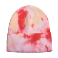 Detailed view of tie-dye knit beanie texture in vibrant pink and orange gradient - Adjustable / Tie-Dye Cream Red