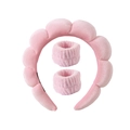 Pink plush spa headband and wristband set for face washing and skincare in solid color - Headband + Wristbands 3-Piece Set - Pink