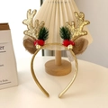 Christmas reindeer antler headband with gold glitter, pine needles and bells for party - Gold