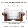 Soda-lime glass fruit bowl with vertical stripes and acacia wood base, 4800ml capacity - Acacia Wood Stand Ribbed Salad Bowl (Extra Large)