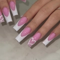 Pink and white French tip press-on nails with glitter and heart design on long square shape - Pink Sand Sugar French Heart Style (AW520)