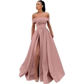 Elegant off-shoulder satin gown in dusty pink color featuring a high slit and long skirt - US size 14 / Top And Bottom / Lotus Pink