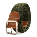 Army green elastic woven belt for men and women with square metal buckle and leather ends - Army Green