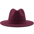 Classic wine red wide brim wool fedora hat for women with matching ribbon decoration - Burgundy