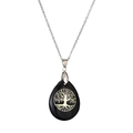 Collier Arbre de Vie avec pendentif goutte en cristal noir sur chaîne argentée - Agate noire