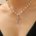 Gothic punk pearl cross necklace with shimmering rhinestones for festive party wear - White K (Pearl Rhinestone Ball Cross)