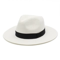 Classic white woven straw Panama hat with black decorative ribbon for sun protection - M (56-58cm) / White