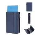 Slim navy blue RFID blocking credit card holder with pop-up mechanism and textured finish - Blue