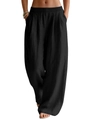 Detailed texture of black linen wide leg pants featuring an elastic drawstring waistband - Black